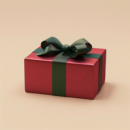 Red gift box with green bow on beige background. 3d renderの素材