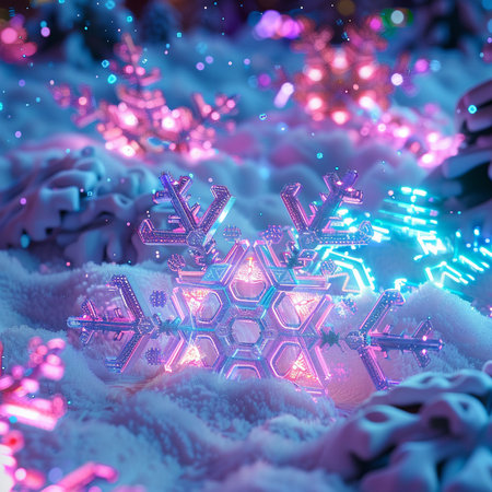 Snowflakes on a background of blue and pink Christmas lights.の素材