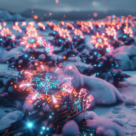 Glowing snowflakes in the night forest. 3d renderingの素材