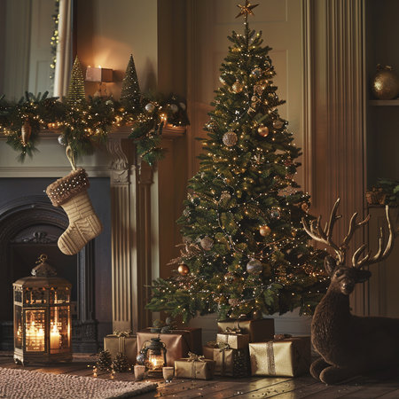 Christmas tree with presents and reindeer in classic living room interiorの素材