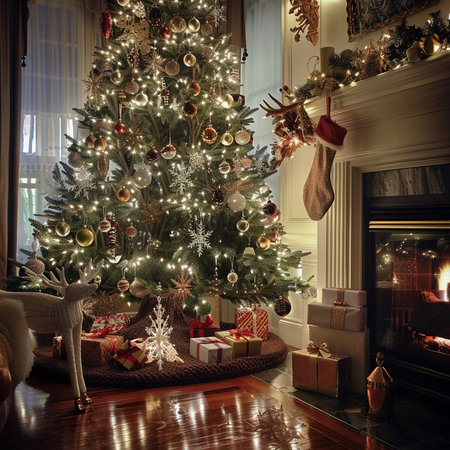 Christmas tree with gifts and fireplace in the interior of the living roomの素材