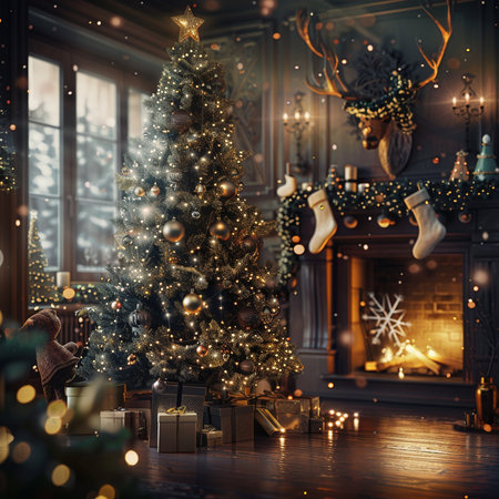Christmas tree with gifts and fireplace. Luxury interior. 3d renderの素材