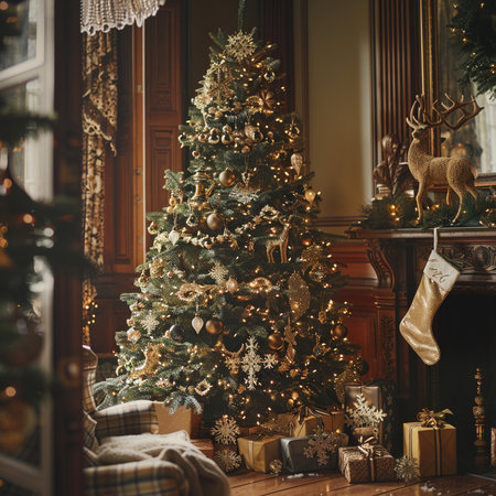 Christmas tree and gifts in the interior of the room with a fireplaceの素材