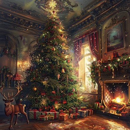 Christmas living room interior with a Christmas tree and presents. 3d renderingの素材