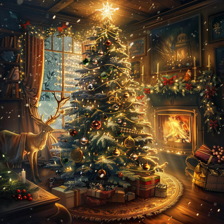 Christmas tree with gifts in the living room. 3D illustrations.の素材