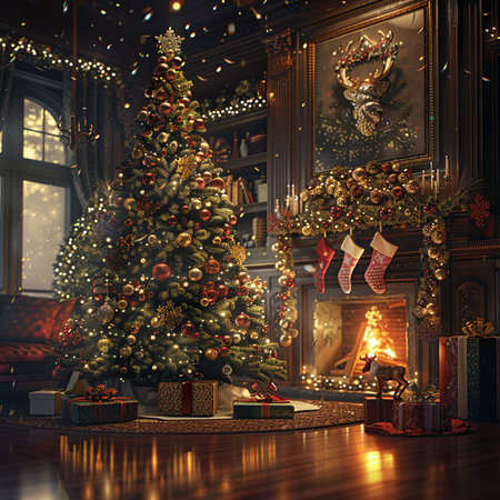 Christmas tree with gifts and fireplace in the living room. 3d renderの素材