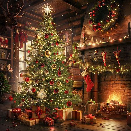 Christmas tree with presents in the living room. 3d rendering.の素材