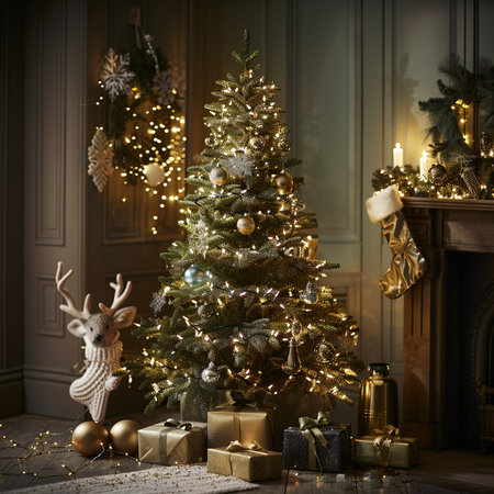 Christmas tree with gifts in the classic interior. 3d rendering.の素材