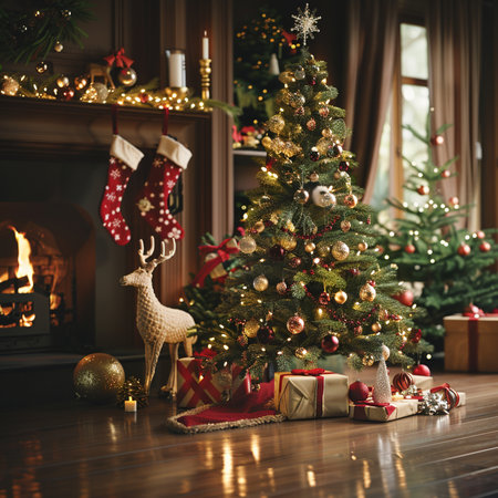 Christmas tree with presents and decorations in the living room at home.の素材