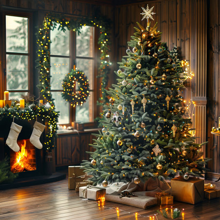 Christmas tree with presents and fireplace in living room at night. Christmas backgroundの素材