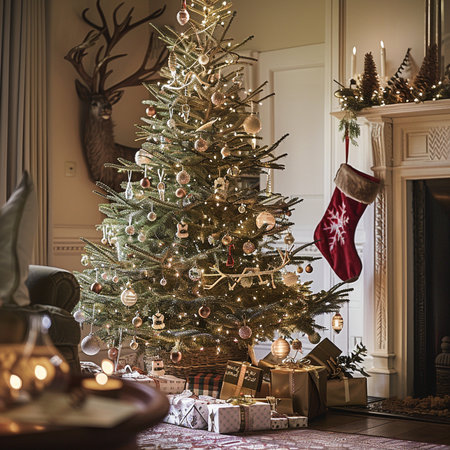 Christmas tree with presents under it in the living room. Christmas interiorの素材