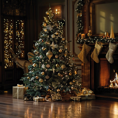 Christmas tree with gifts in the interior of the room with a fireplaceの素材