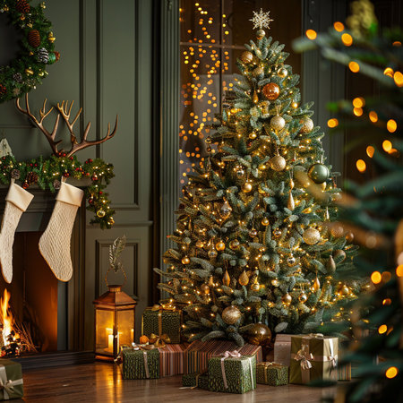 Christmas tree with gifts in the interior of the living room with fireplaceの素材