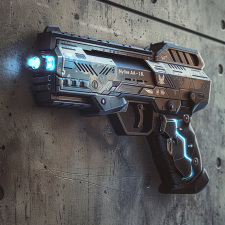 3D rendering of a laser gun on a concrete wall background.の素材