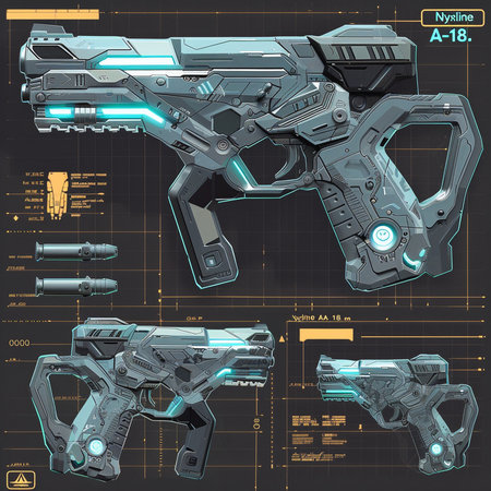 3D rendering of a futuristic robot on a black background with HUD elements.の素材