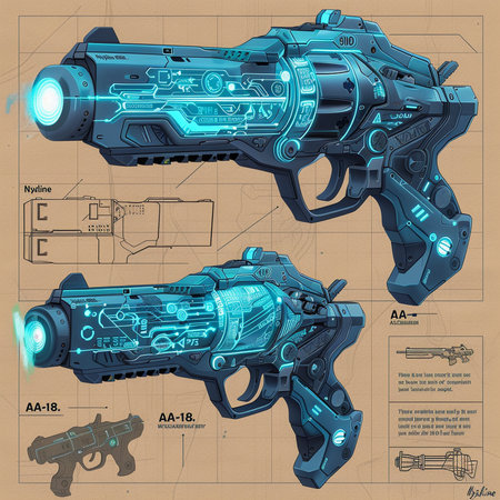 Vector illustration of a powerful gun on the background of the printed circuit board.の素材