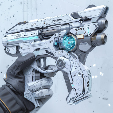 close up of a cyborg hand holding a sci-fi machine gunの素材