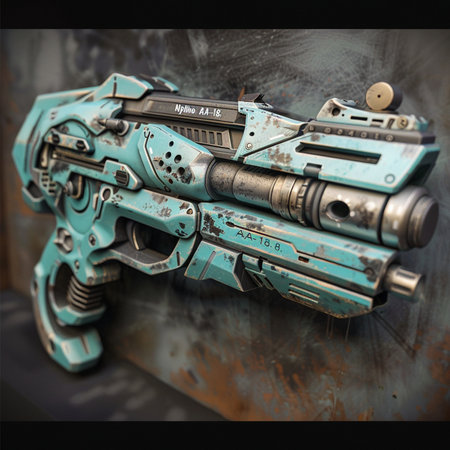 Close-up of a toy gun on a background of a metal wall.の素材