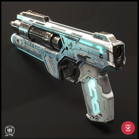 3D rendering of a blue laser gun isolated on black background.の素材