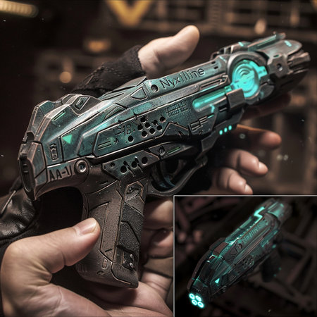 Collage of a man's hand holding a toy gun in his handの素材