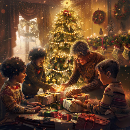 Happy family opening Christmas presents at home. Christmas and New Year concept.の素材