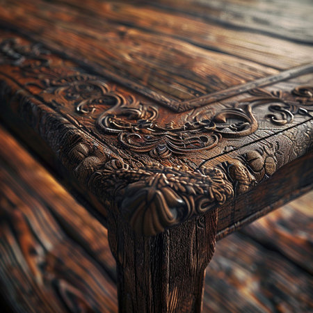 Wooden table with carved ornament, close-up. Details of furniture.の素材