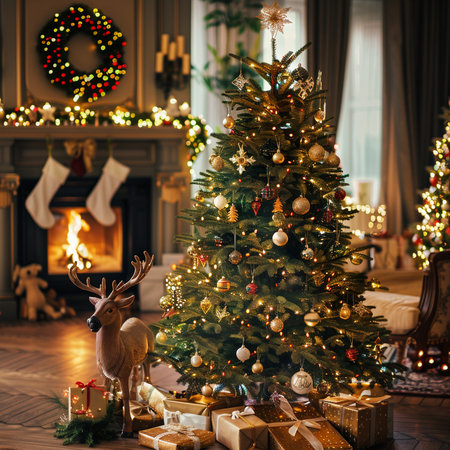 Christmas tree with gifts in the interior of the living room with a fireplaceの素材