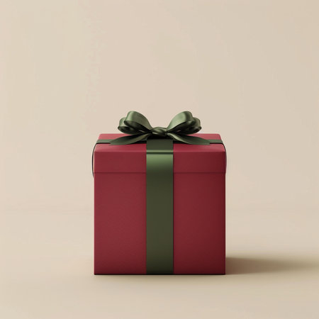 Red gift box with green bow on beige background. 3d renderの素材