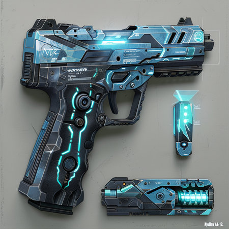 3D rendering of a brand-less generic gun with blue neon lightsの素材