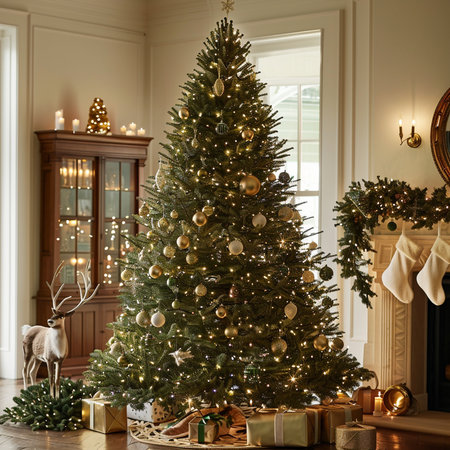 Decorated Christmas tree in living room with fireplace and Christmas giftsの素材