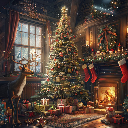 Christmas living room interior with Christmas tree, fireplace and presents. 3D renderingの素材