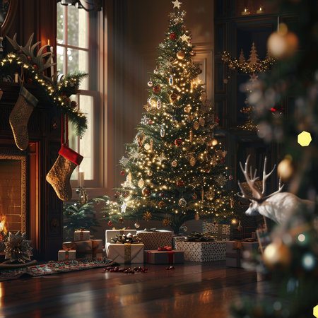 Christmas tree and presents in the living room. 3d rendering.の素材