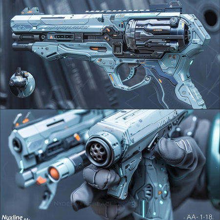 3D rendering of a robot with a gun in the foreground.の素材