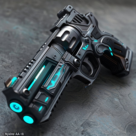 3D rendering of a black and blue laser gun on a dark backgroundの素材
