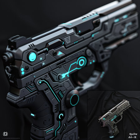 Digital illustration of a futuristic gun in black background. 3d renderingの素材