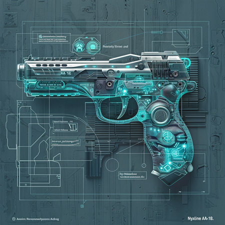 Digital illustration of a gun in blue tones. 3D rendering.の素材