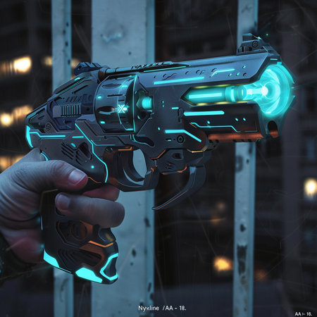 3D rendering of a hand holding a futuristic laser gun with blue lightの素材