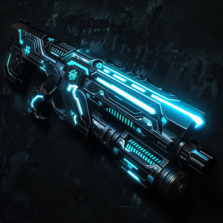 3D rendering of a futuristic machine gun with neon lights on a dark backgroundの素材
