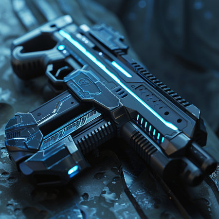 Close-up of a gun on a dark background. 3d renderingの素材