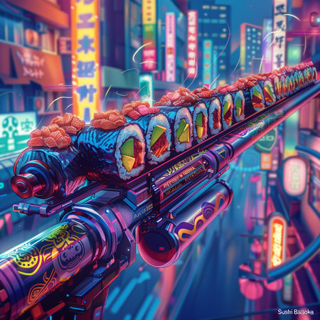 Digital illustration of a sushi machine in a futuristic city. 3d renderingの素材