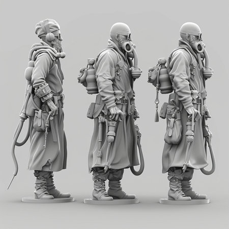 3d rendering of soldiers with gas masks isolated on gray background.の素材