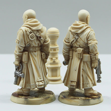 Two toy soldiers with guns on a white background. Selective focus.の素材