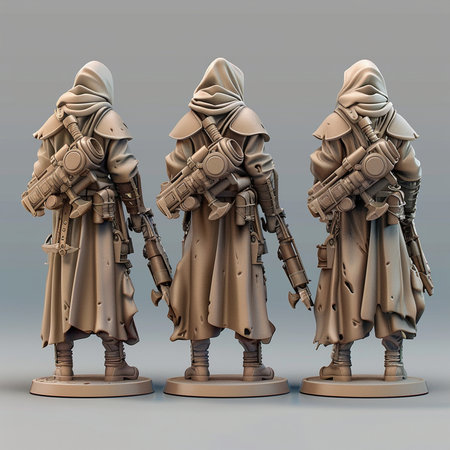 Three soldiers in full armor with guns on a gray background. 3d renderの素材