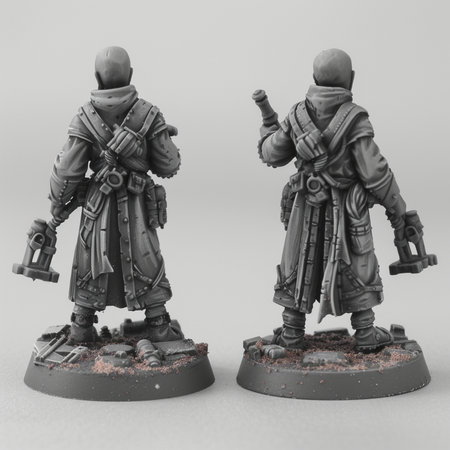 Two figures of soldiers on a gray background. 3D rendering.の素材