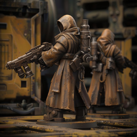 Vintage toy soldier with a gun on a background of industrial equipmentの素材