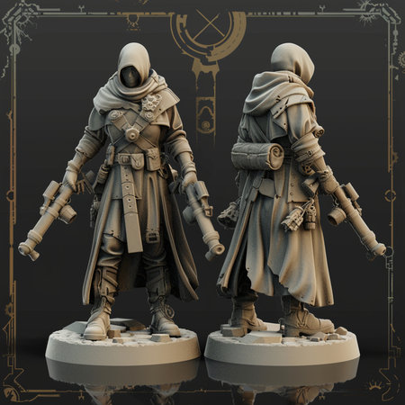 3d illustration of a pair of soldiers with weapons on a dark backgroundの素材