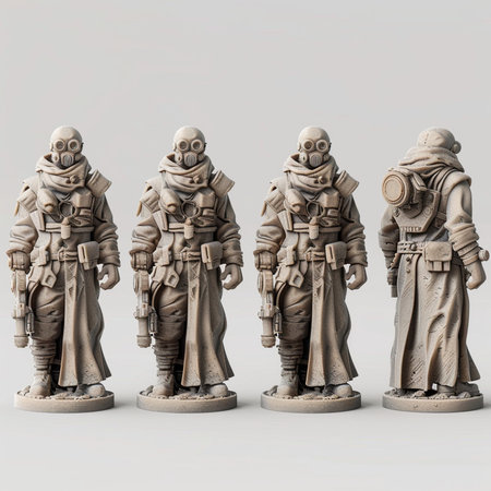 3d illustration of soldiers in a gas mask standing in a rowの素材