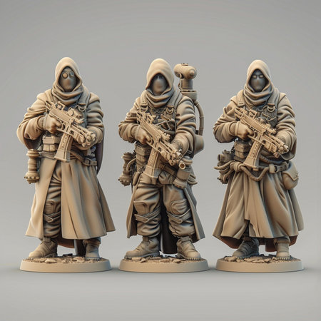 Three figures of soldiers with guns on a gray background. 3d renderingの素材