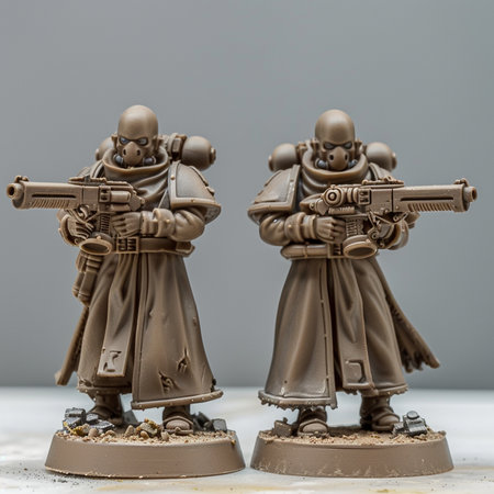 Two toy soldiers with guns on a gray background, close-upの素材