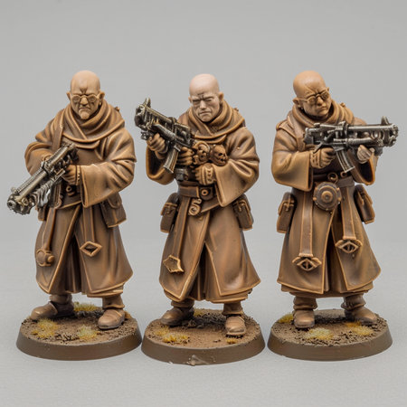 Ceramic figurine of soldiers with guns on a gray backgroundの素材